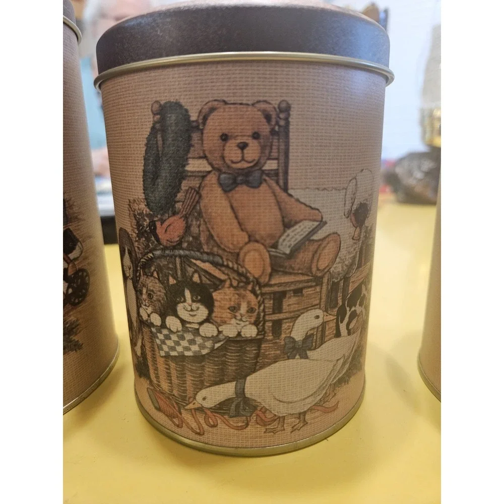 Vintage Tin Set Teddy Bear Nesting Tins Ducks Cats Dogs Lamb Animals County Farm